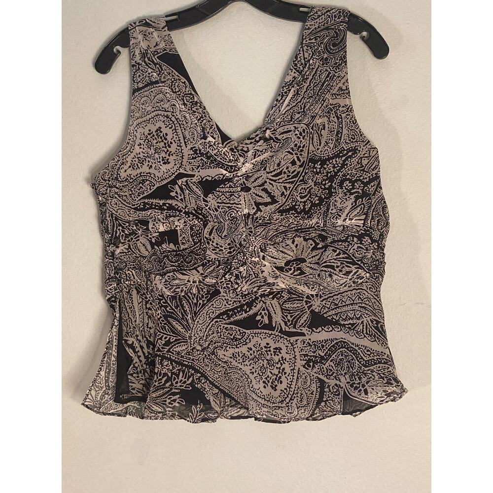 Vintage Ice Paisley Black & White Print Silk Top Lined  Sz L Versatile & Lovely! - Picture 5 of 7